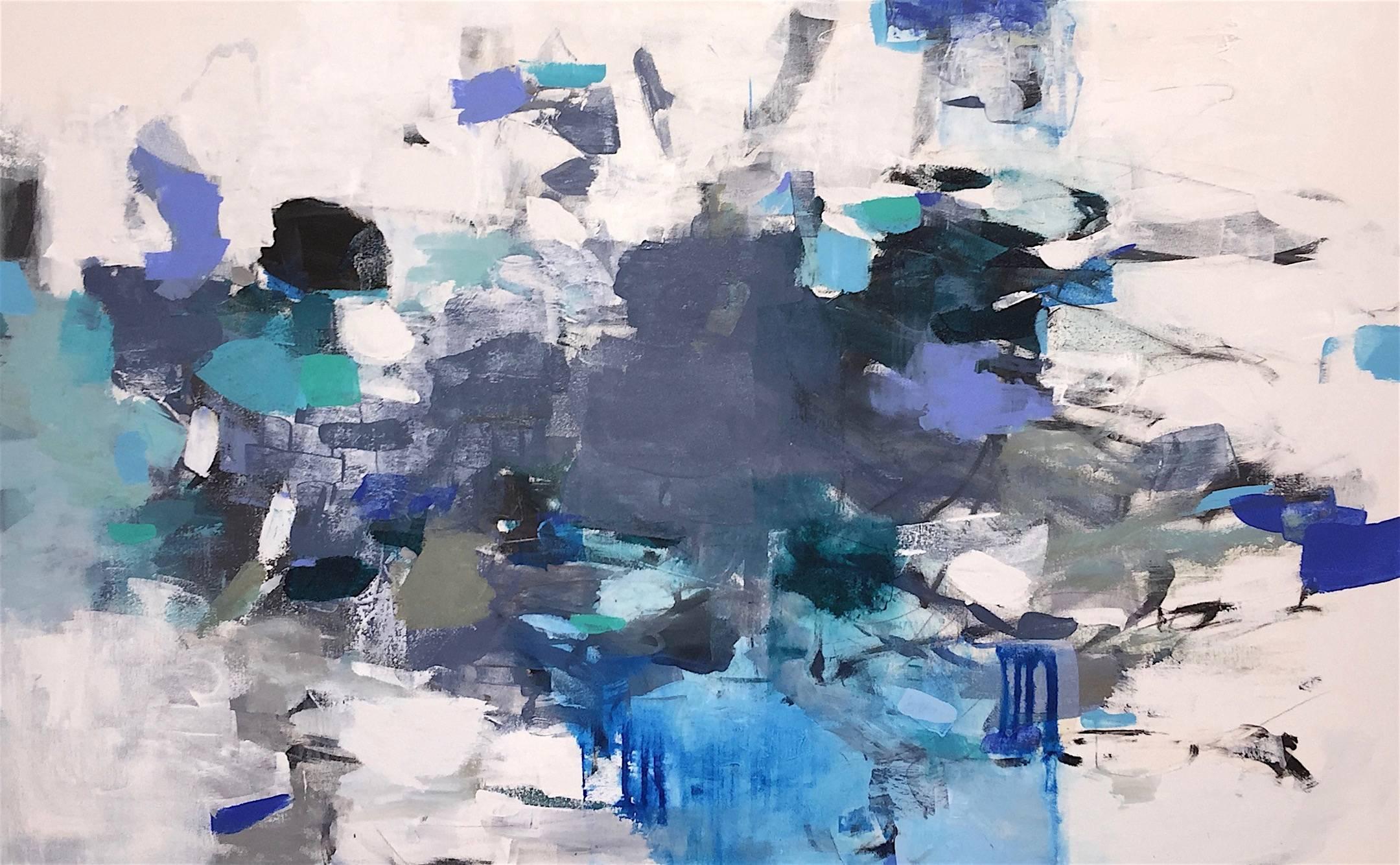 Charlotte Foust Abstract Painting – Blue Splendor- zeitgenössisches weißes graues blaues horizontales abstraktes Gemälde