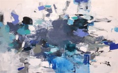 Blue Splendor- peinture abstraite horizontale contemporaine blanc gris bleu