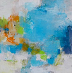 Coastal Romantik - Abstraktes, mittelgroßes Gemälde in weicher Farbe in Weiß und Blau