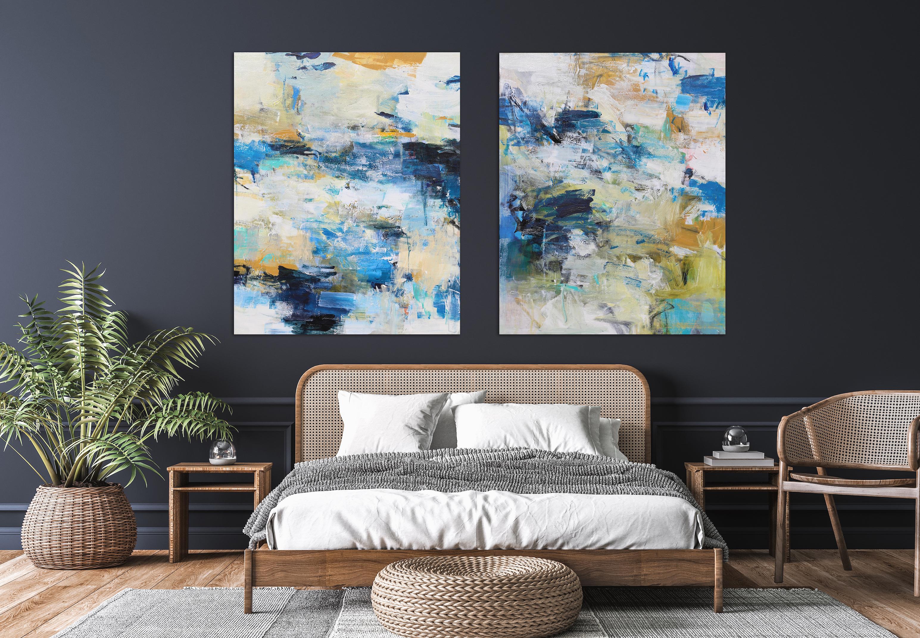 Kobalt Meer I – zeitgenössisches abstraktes Gemälde in Weiß, Blau, Beige und Orange – Painting von Charlotte Foust