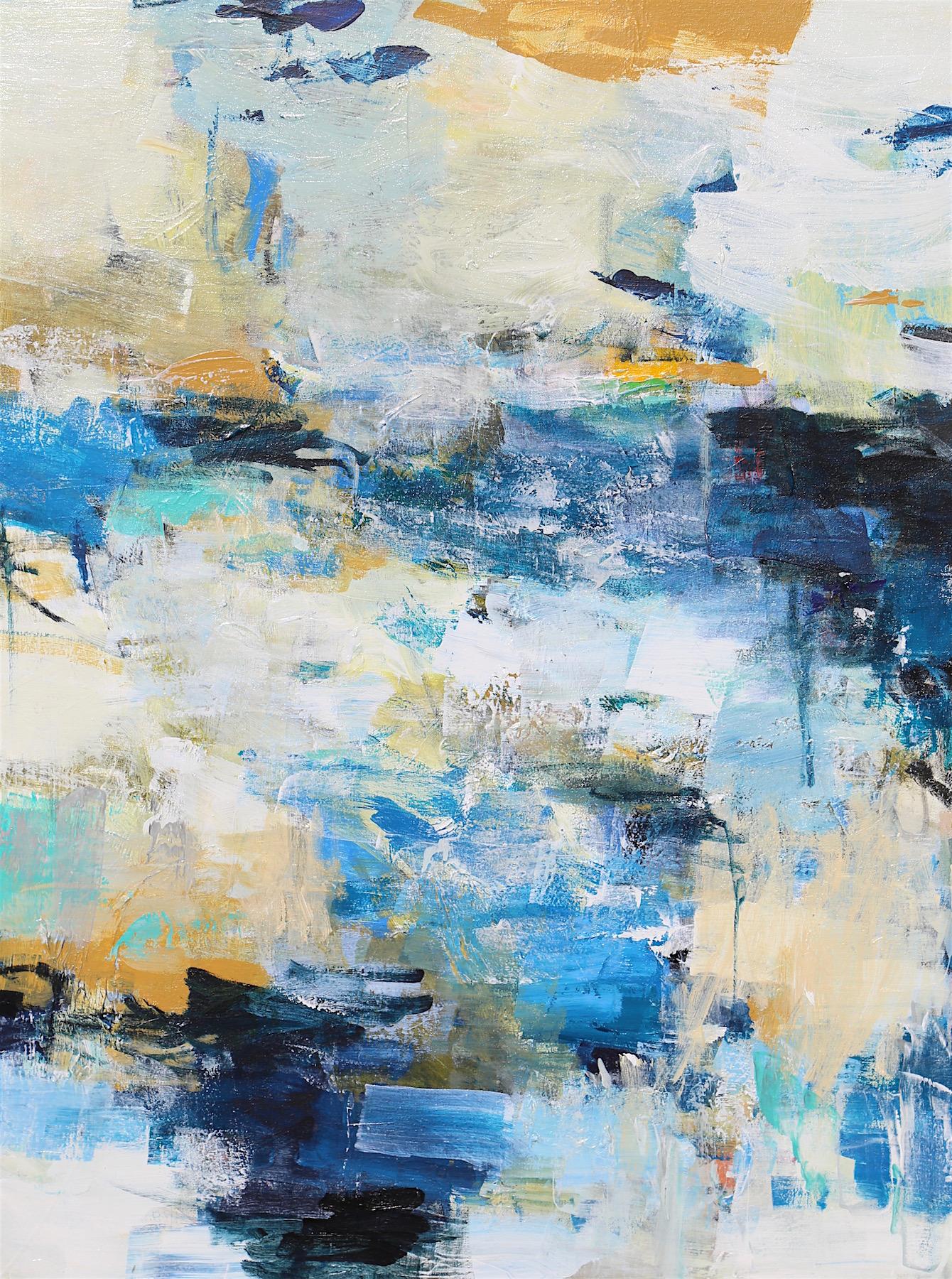 Charlotte Foust Abstract Painting - Cobalt sea I - contemporary white blue beige orange abstract painting