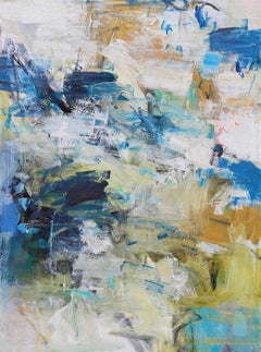 Peinture abstraite contemporaine bleu beige et orange cobalt mer II