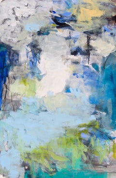 Peridot- pittura astratta contemporanea verticale bianca verde blu su carta