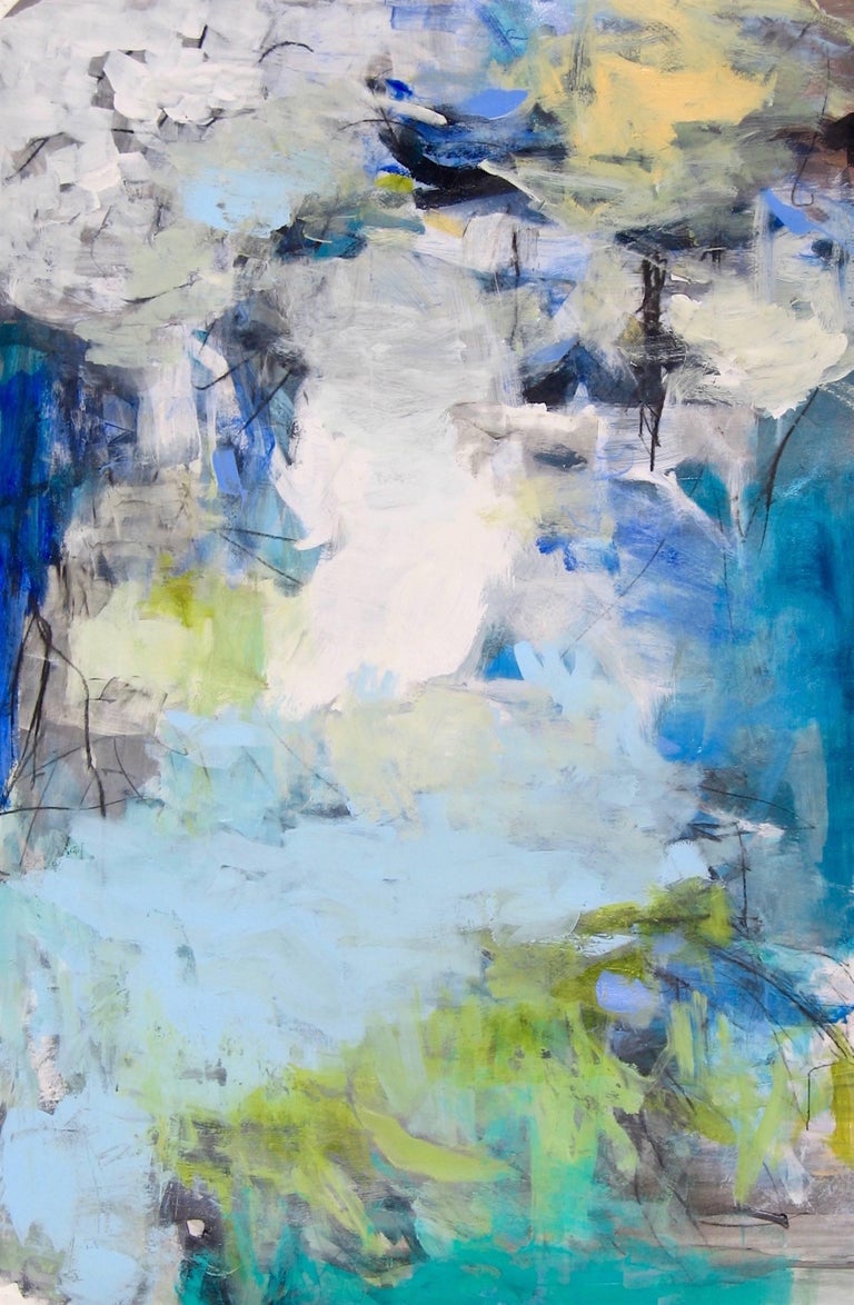 Peridot Contemporary Vertical White Green Blue Abstract Painting On Paper