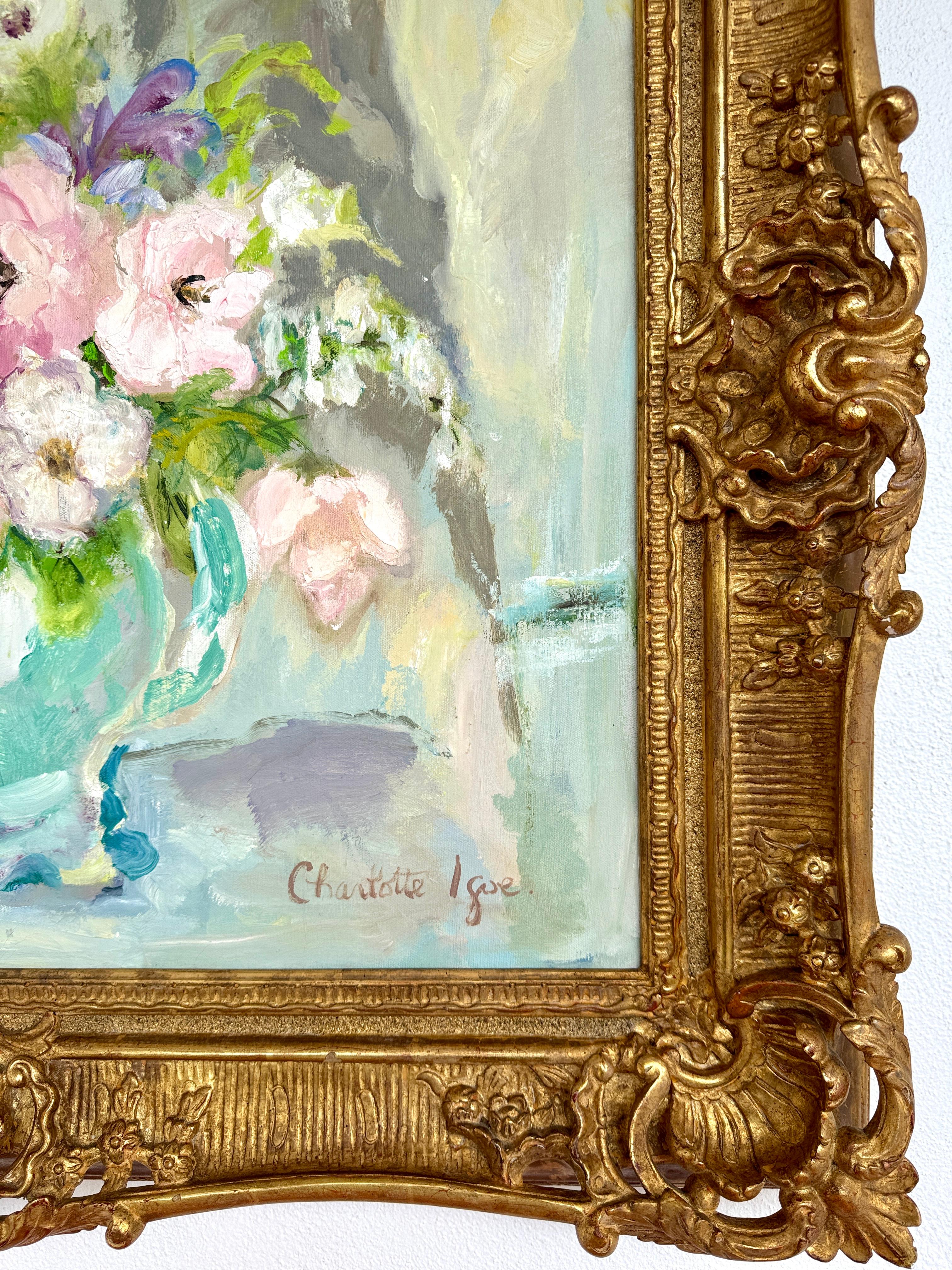 Still Life Pink Flowers In A Vase
Artist signed lower right corner and verso, canvas size 30x24, framed.
Charlotte Igoe (Amar) was a self thought artist. 
 Charlotte lived in London, England and had her apartment near Marble Arch and Park Lane, she