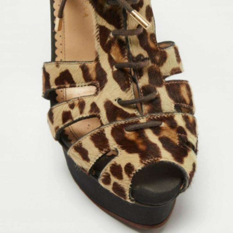 De las mujeres Charlotte Olympia Sandalias de plataforma con cordones de pelo de becerro beige/marrón de leopardo talla 40 en venta