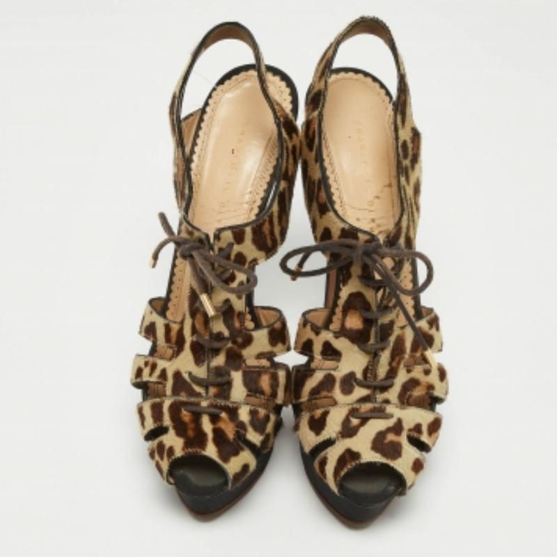 Charlotte Olympia Sandalias de plataforma con cordones de pelo de becerro beige/marrón de leopardo talla 40 en venta 2