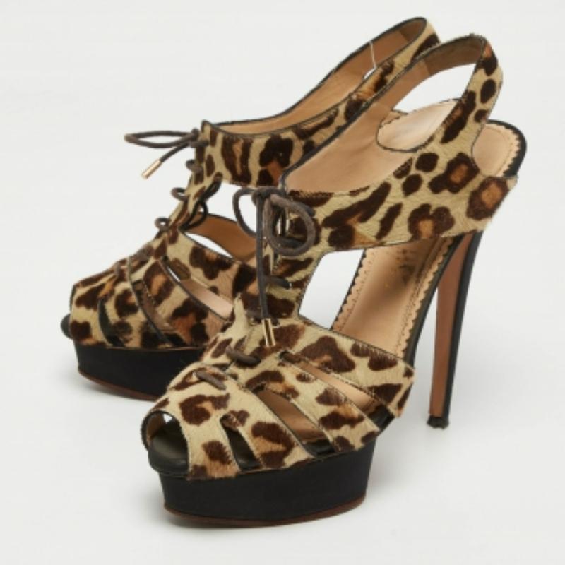 Charlotte Olympia Sandalias de plataforma con cordones de pelo de becerro beige/marrón de leopardo talla 40 en venta 3