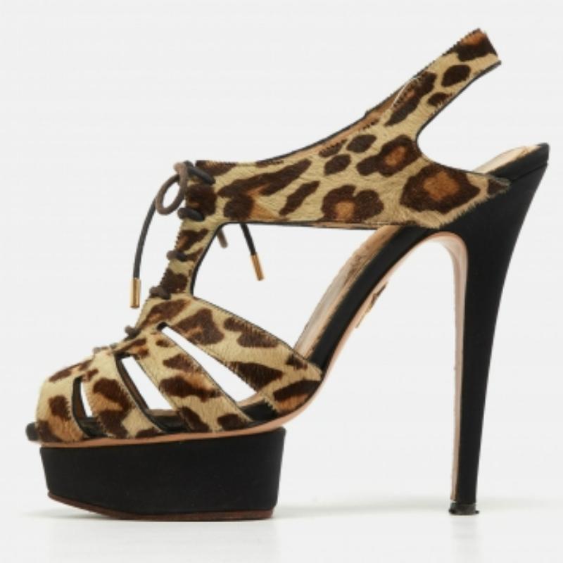 Charlotte Olympia Beige/Braun Leopard Kalbshaar Lace Up Plateau Sandalen Größe 40