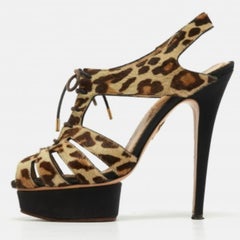 Charlotte Olympia Beige/Braun Leopard Kalbshaar Lace Up Plateau Sandalen Größe 40