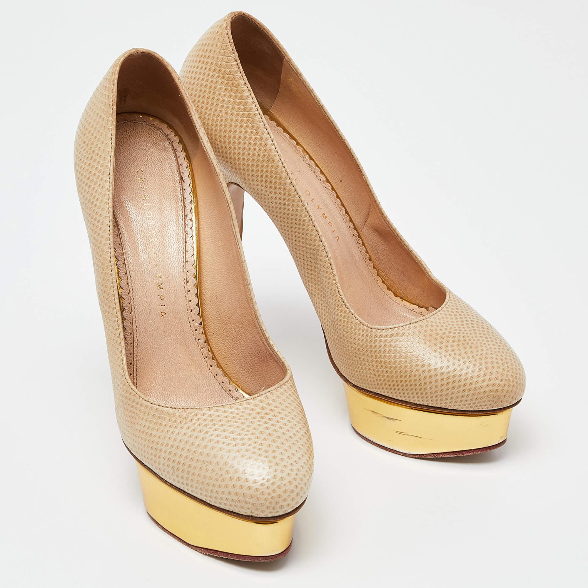 Women's Charlotte Olympia Beige/Gold Karung Leather Dolly Platform Pumps Size 39 For Sale