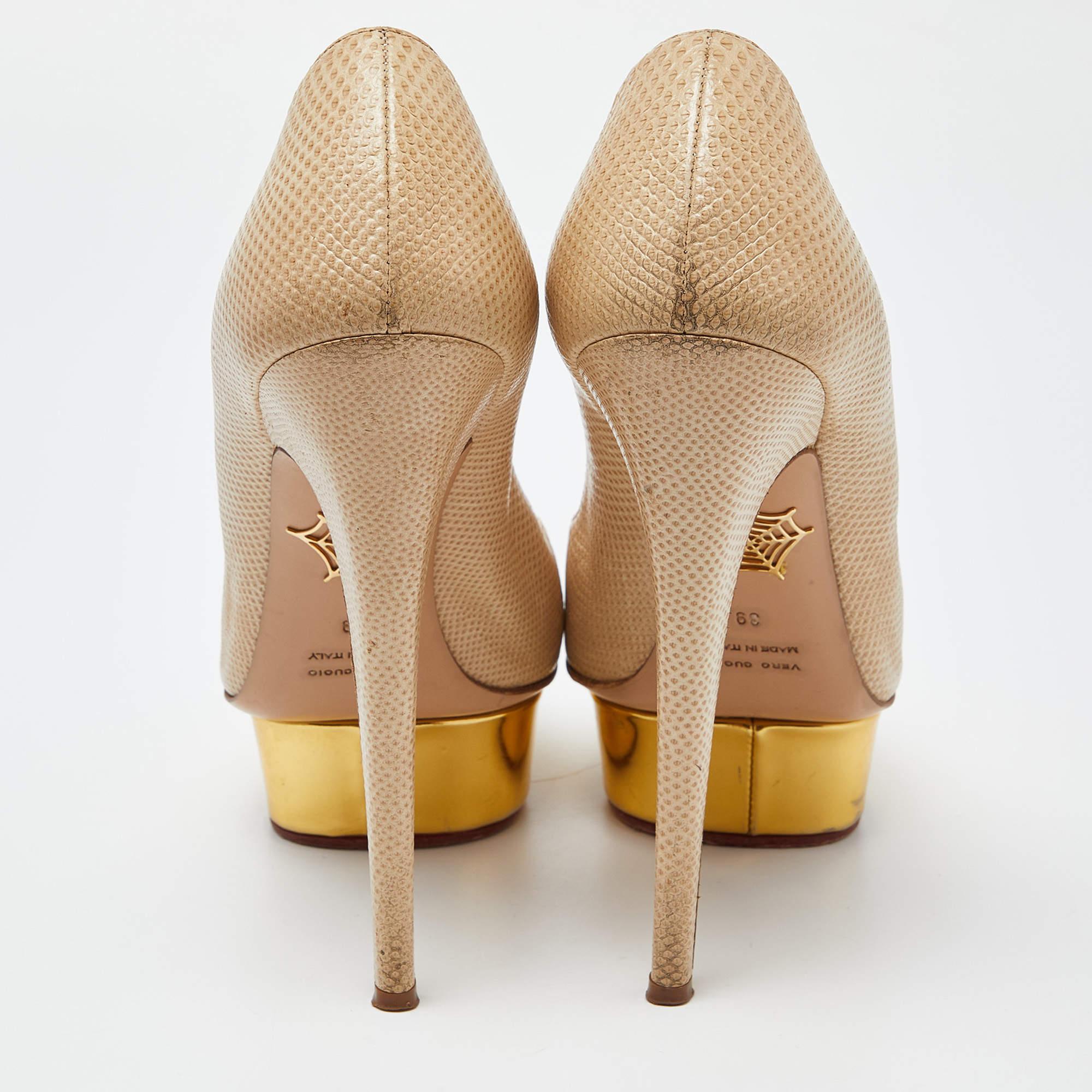 Charlotte Olympia Beige/Gold Karung Leather Dolly Platform Pumps Size 39 For Sale 1
