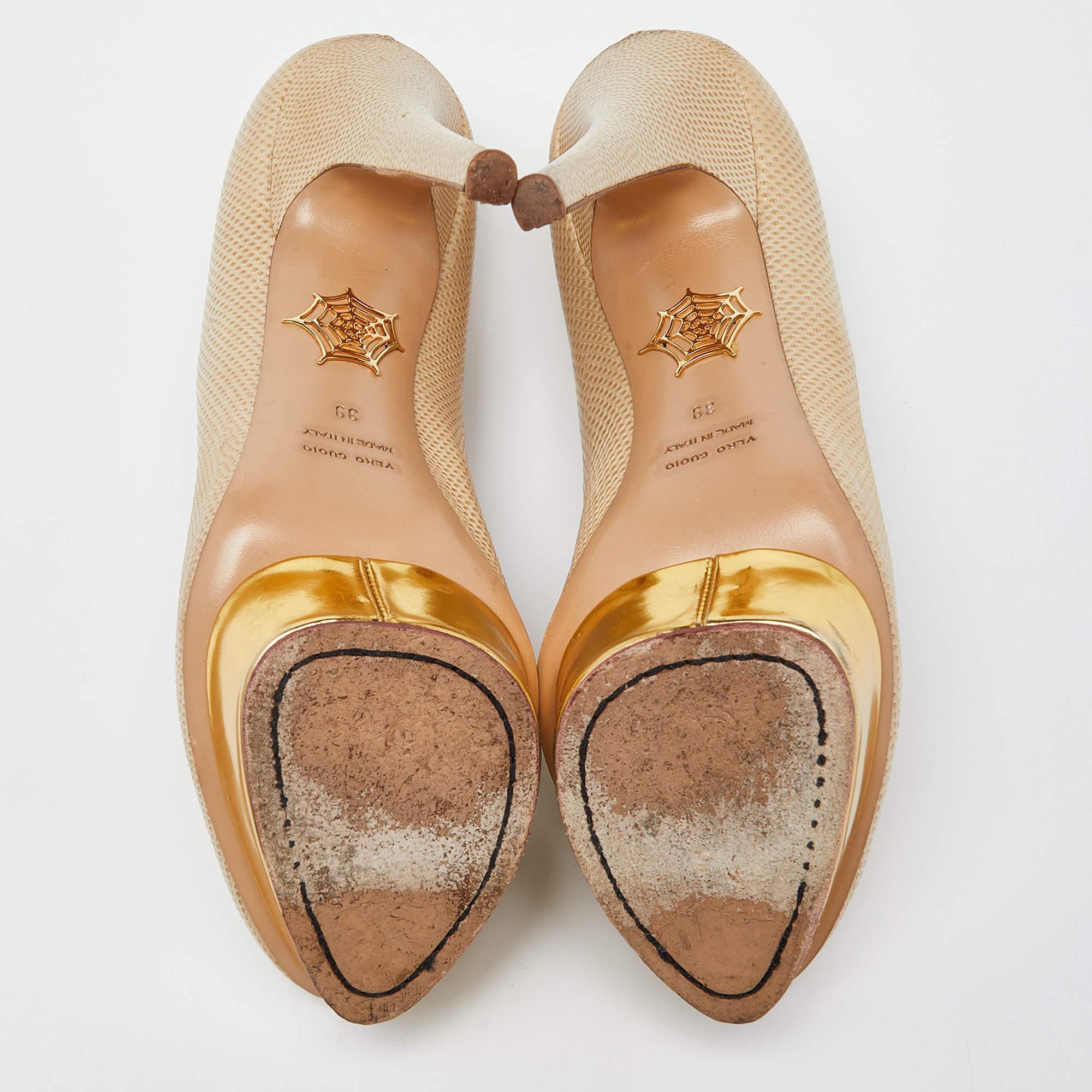 Charlotte Olympia Beige/Gold Karung Leather Dolly Platform Pumps Size 39 For Sale 2