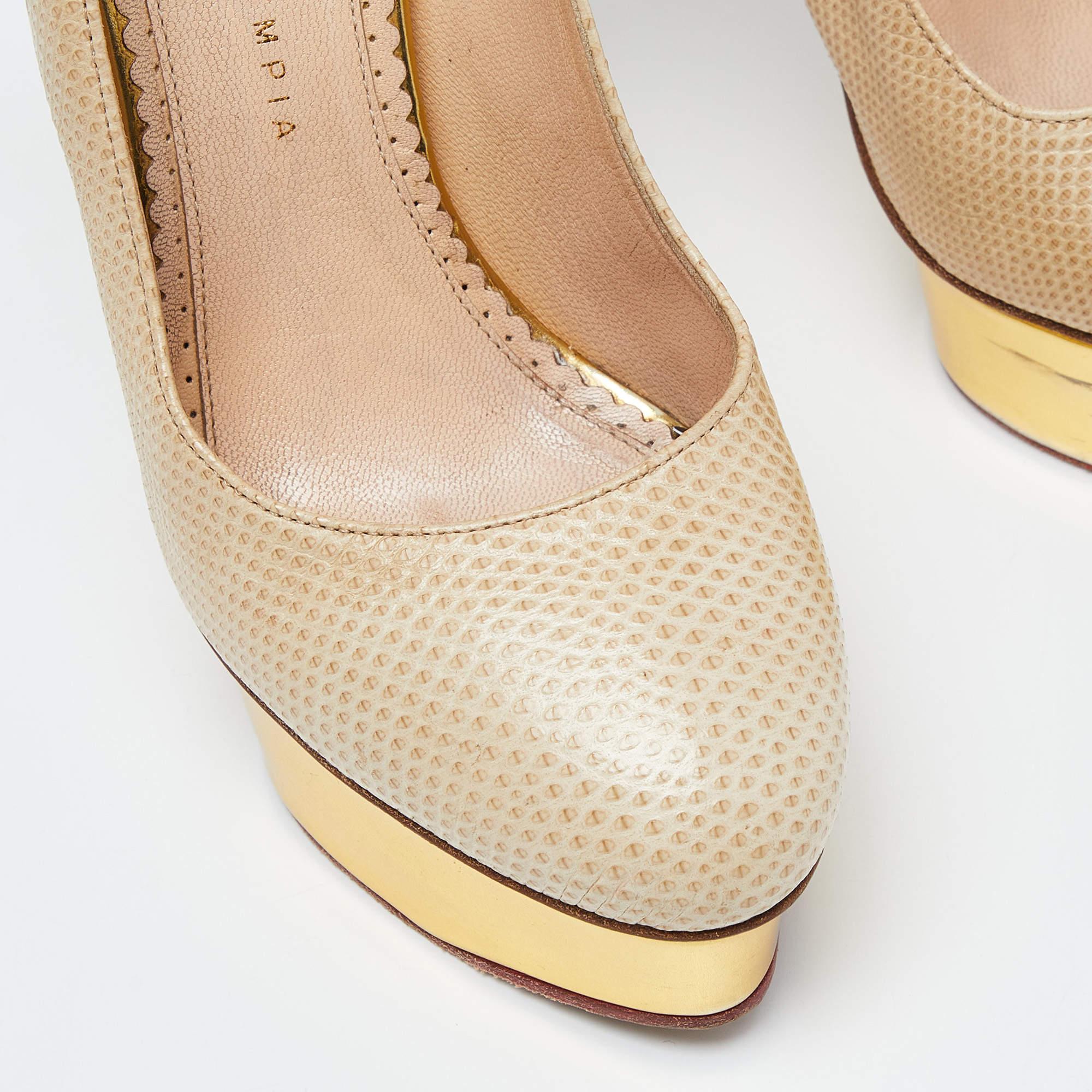 Charlotte Olympia Beige/Gold Karung Leather Dolly Platform Pumps Size 39 For Sale 4
