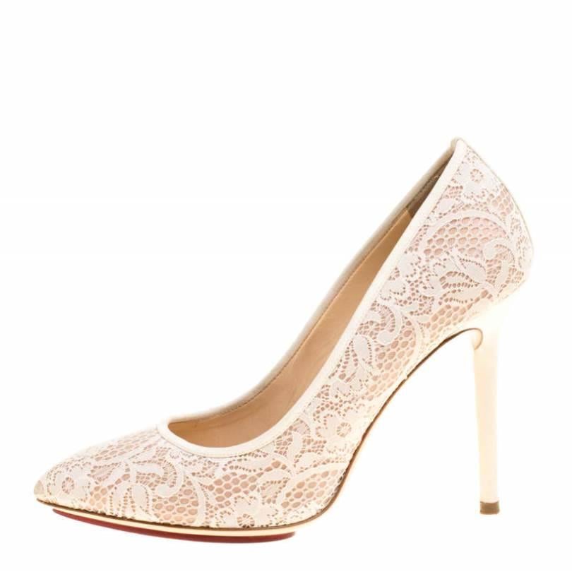 Charlotte Olympia Beige Lace and Satin Monroe Pointed Toe Pumps Size 39 1