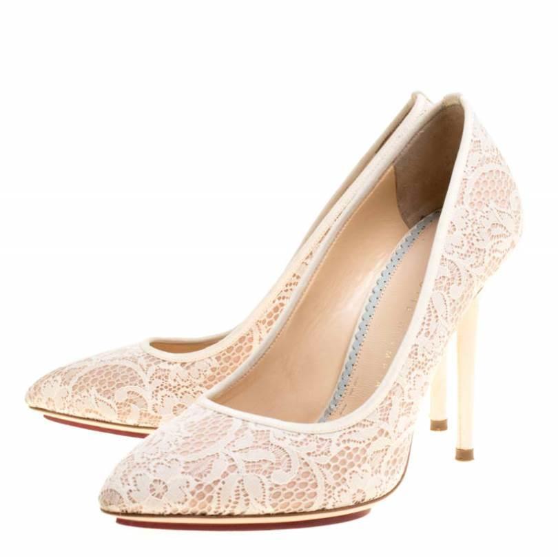 Charlotte Olympia Beige Lace and Satin Monroe Pointed Toe Pumps Size 39 3