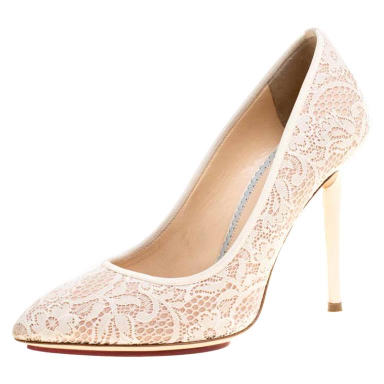 Charlotte Olympia Beige Lace and Satin Monroe Pointed Toe Pumps Size 39