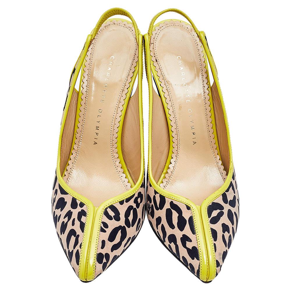 Charlotte Olympia Beige Leopard Print Fabric Slingback Sandals Size 37.5 In Fair Condition In Dubai, Al Qouz 2