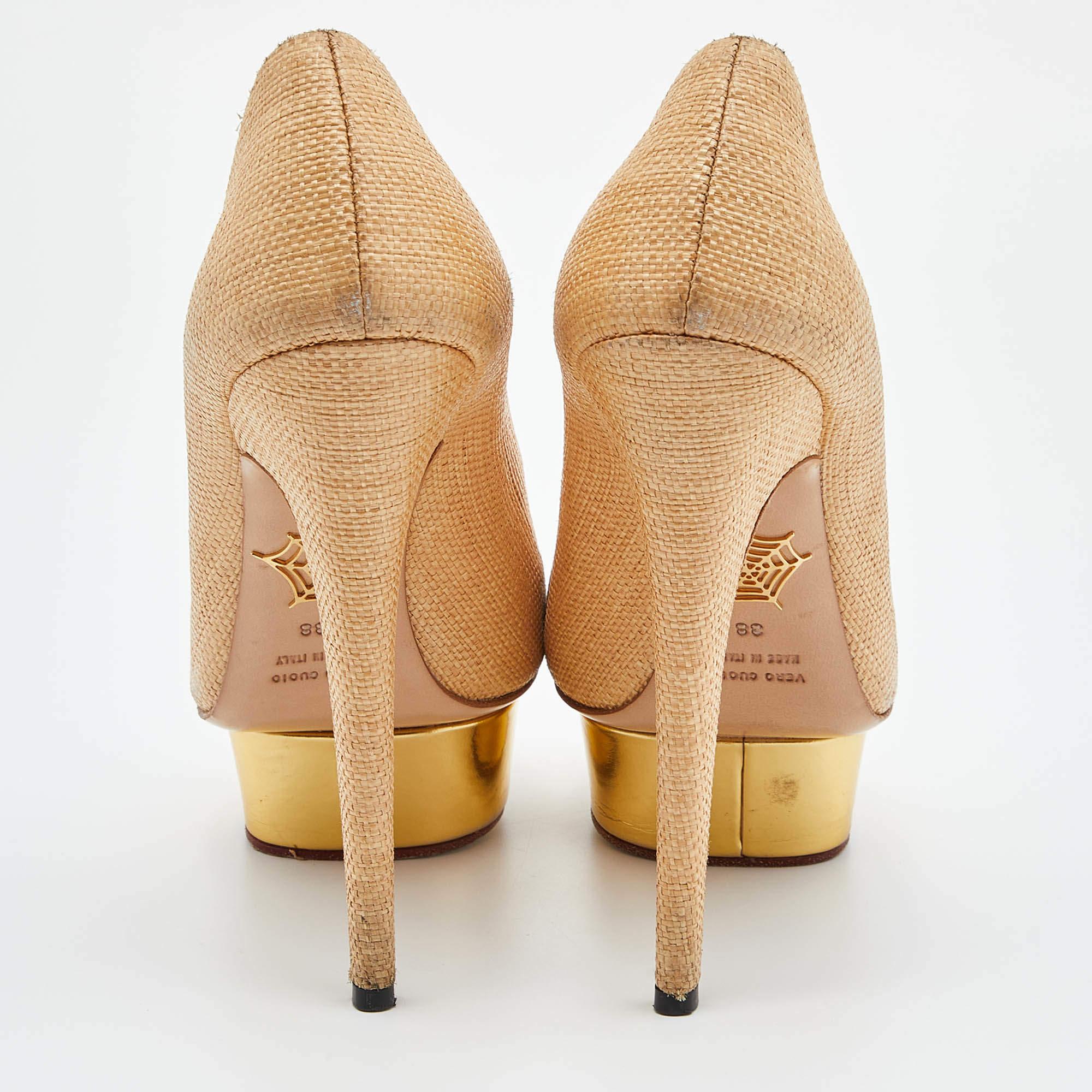 Charlotte Olympia Beige Raffia Platform Pumps Size 38 For Sale 1