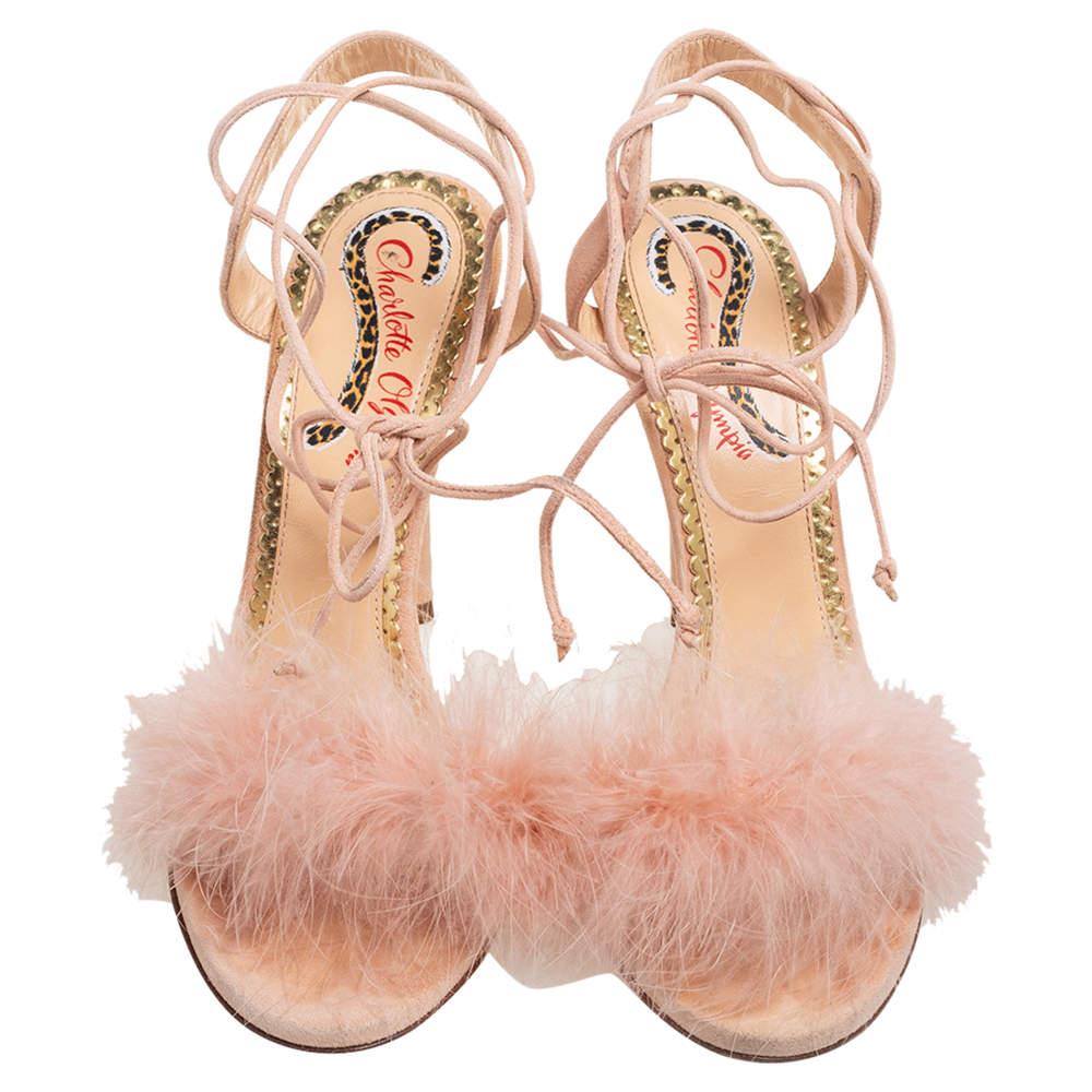 Charlotte Olympia Beige Suede And Feather Embellished Salsa Sandals Size 39 In Good Condition For Sale In Dubai, Al Qouz 2