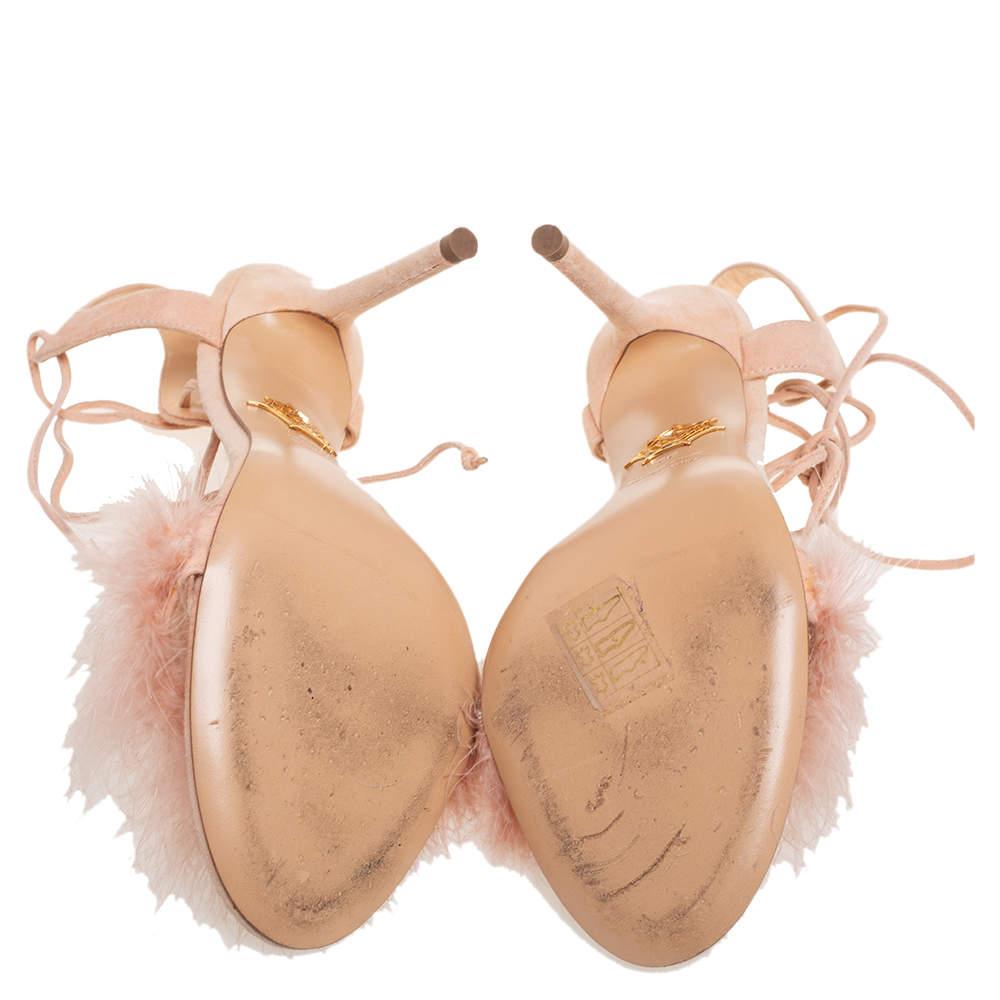 Charlotte Olympia Beige Suede And Feather Embellished Salsa Sandals Size 39 For Sale 3