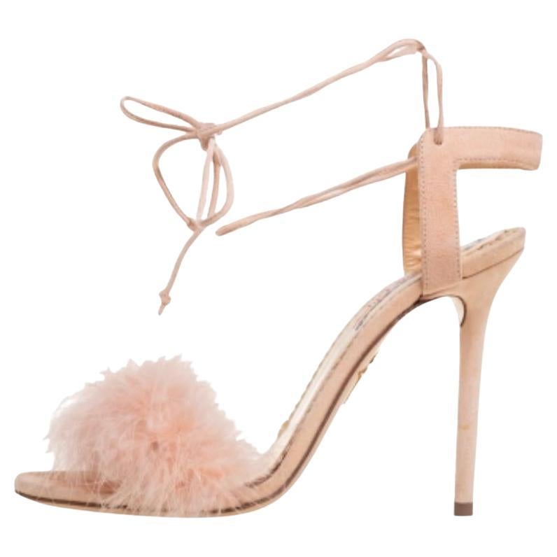 Charlotte Olympia Beige Suede And Feather Embellished Salsa Sandals Size 39