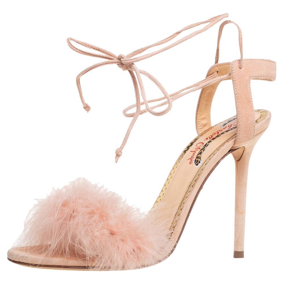 Charlotte Olympia Beige Suede And Feather Embellished Salsa Sandals Size 39 For Sale