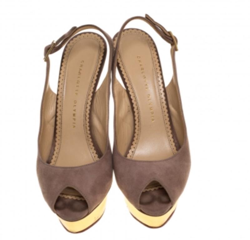 Charlotte Olympia Beige Suede Slingback Peep Toe Platform Sandals Size 37.5 In Fair Condition For Sale In Dubai, Al Qouz 2