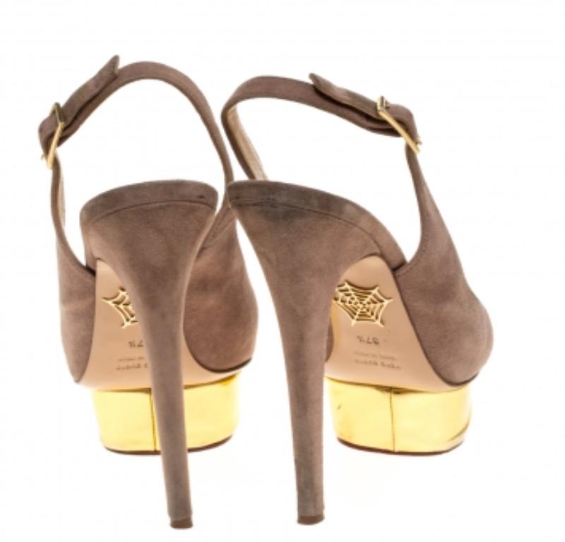 Women's Charlotte Olympia Beige Suede Slingback Peep Toe Platform Sandals Size 37.5 For Sale