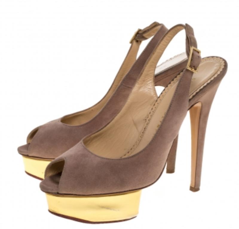 Charlotte Olympia Beige Suede Slingback Peep Toe Platform Sandals Size 37.5 For Sale 2