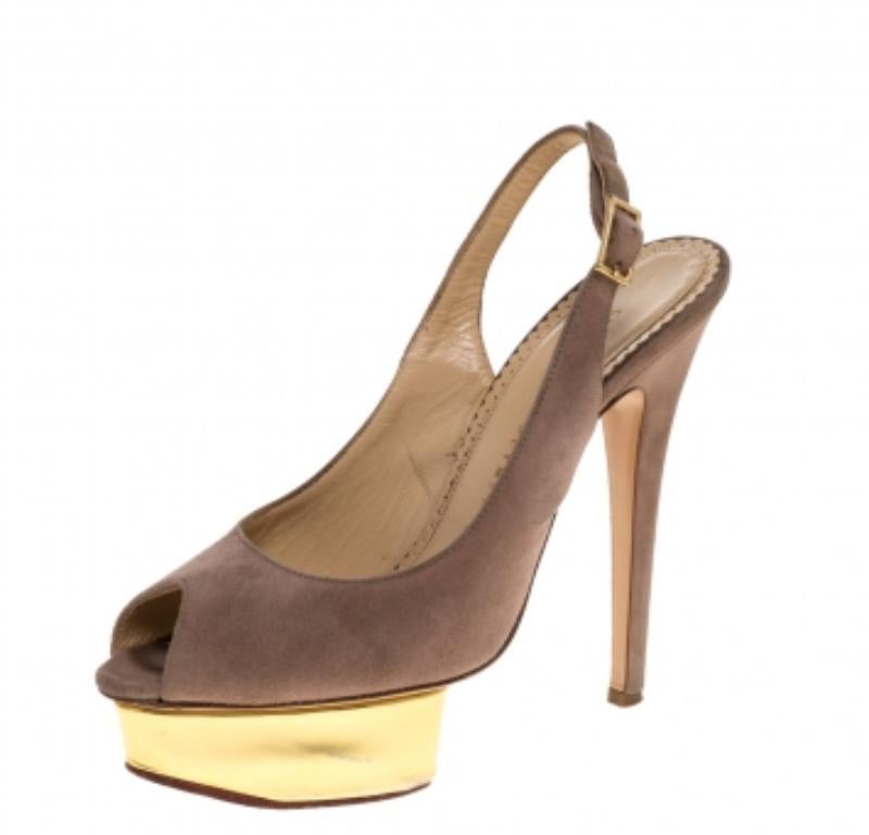 Charlotte Olympia Beige Suede Slingback Peep Toe Platform Sandals Size 37.5 For Sale 3