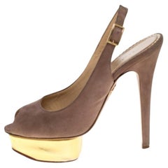 Charlotte Olympia Beige Suede Slingback Peep Toe Platform Sandals Size 37.5