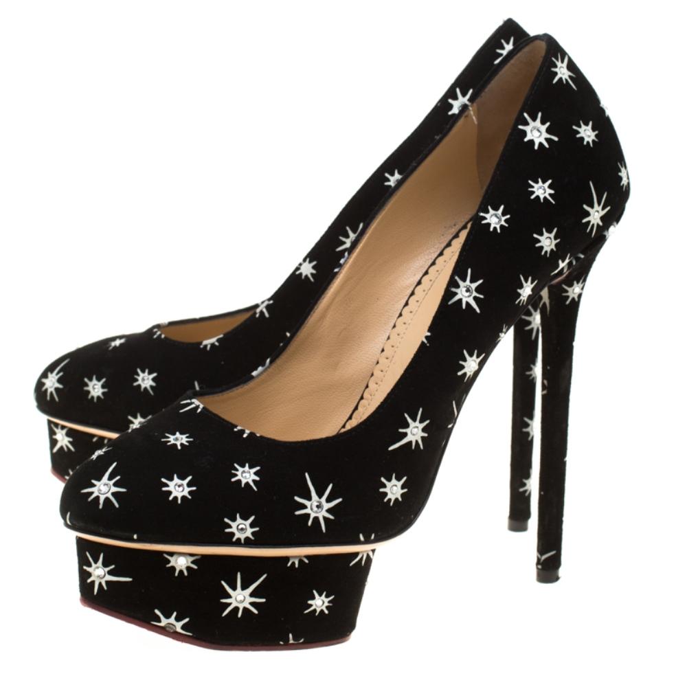 Women's Charlotte Olympia Black Crystal Embellished Printed Suede Platform Pump Size38.5 For Sale