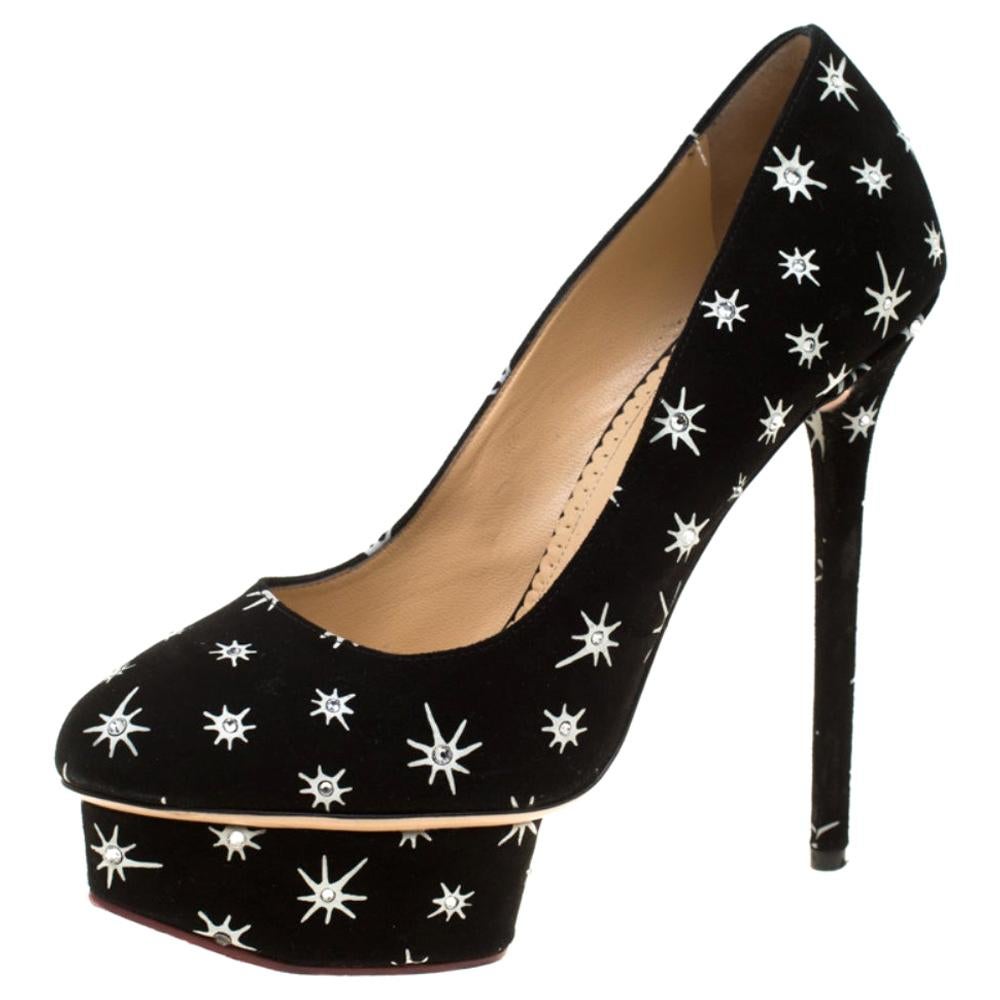 Charlotte Olympia Black Crystal Embellished Printed Suede Platform Pump Size38.5 For Sale