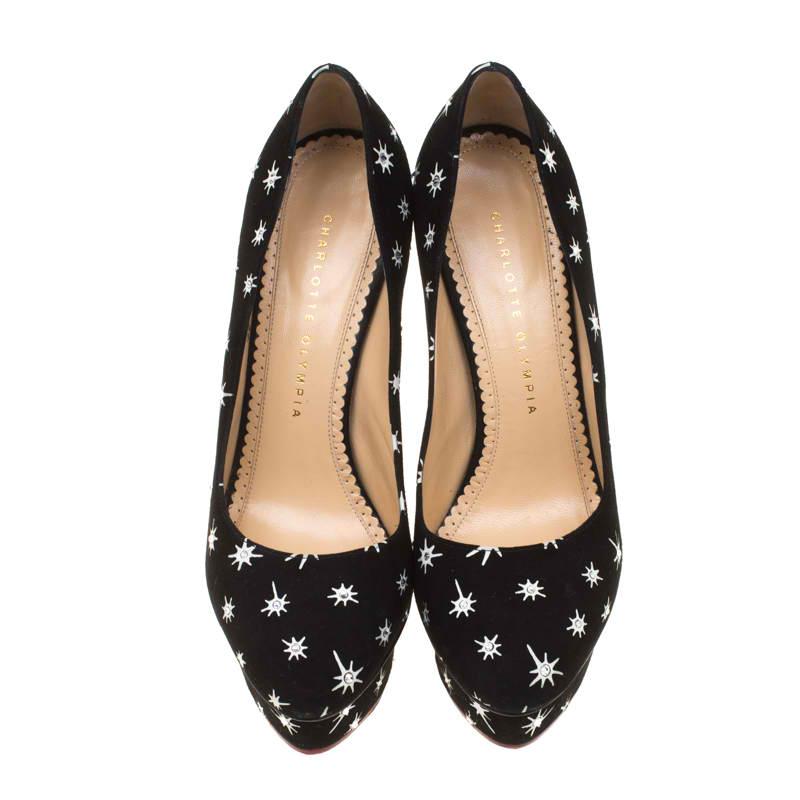 Let your pick be these well-cut, stylish pumps from the house of Charlotte Olympia. They are designed with prints as well as crystals and balanced on platforms and 14.5 cm heels. You can never go wrong with black shoes.

Includes: The Luxury Closet