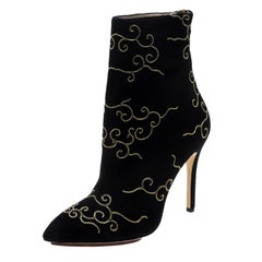 Charlotte Olympia Black Embroidered Suede Betsy Pointed Toe Ankle Boots Size 37.