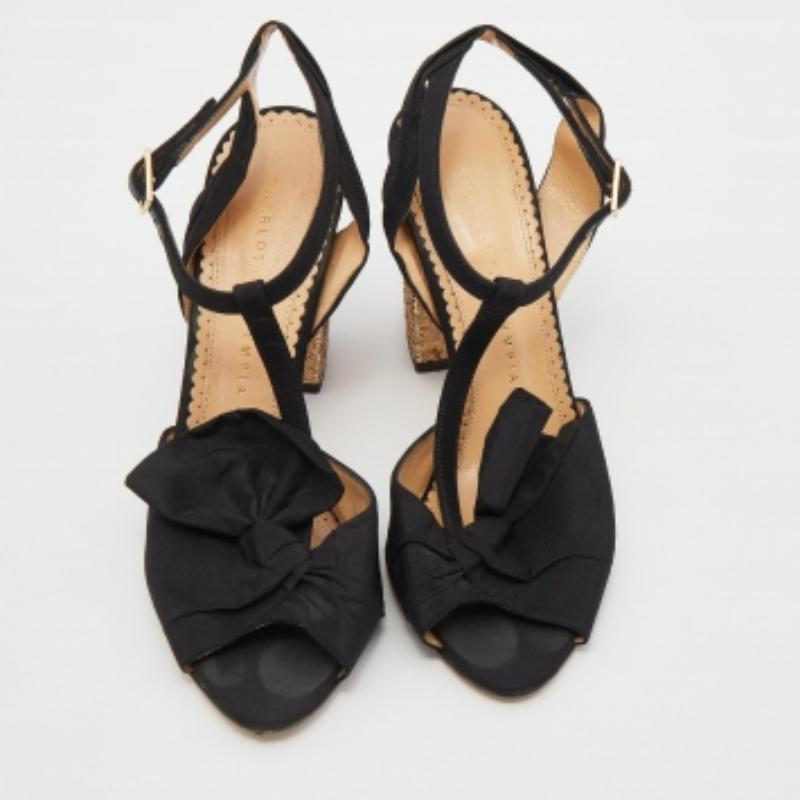 Noir Charlotte Olympia - Sandales à talon bloc en tissu noir et paillettes - Taille 37 en vente