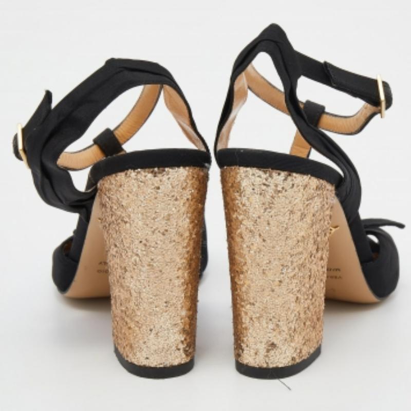 Charlotte Olympia - Sandales à talon bloc en tissu noir et paillettes - Taille 37 en vente 1