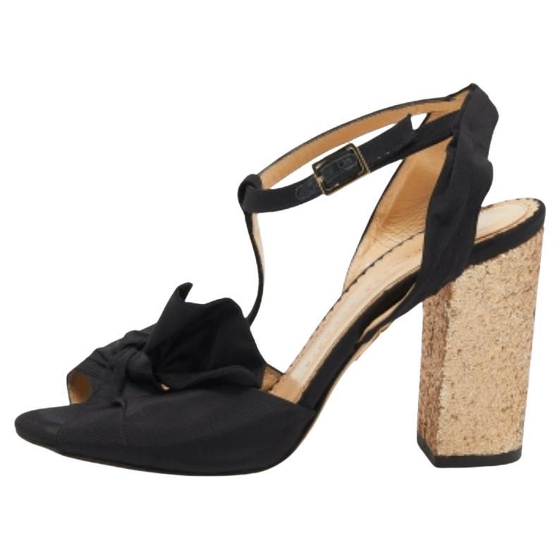 Charlotte Olympia - Sandales à talon bloc en tissu noir et paillettes - Taille 37 en vente