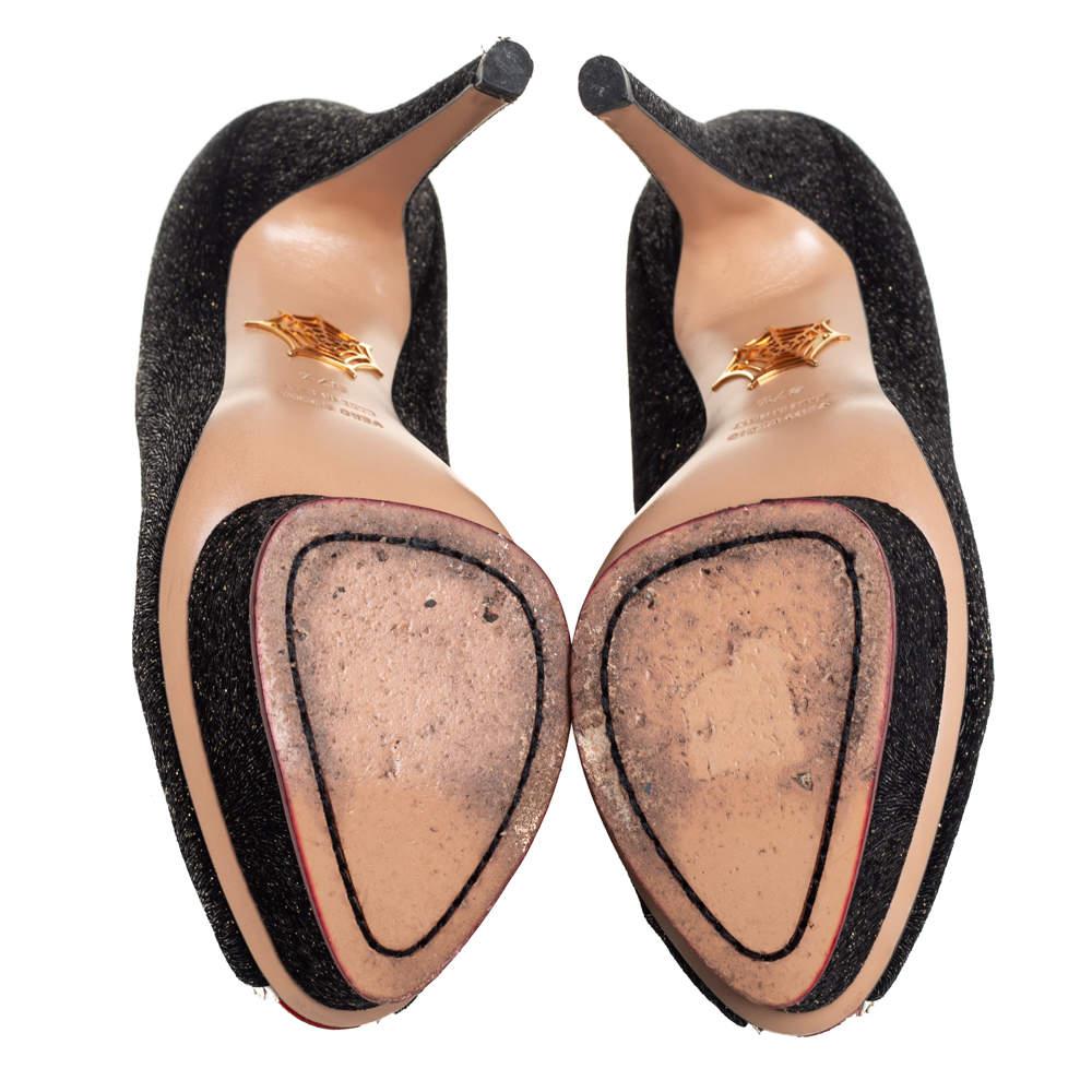 Charlotte Olympia escarpins à bout ouvert avec bordure en cuir verni et paillettes noires, taille 37,5 1