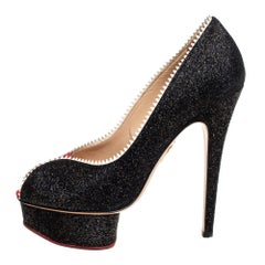 Charlotte Olympia escarpins à bout ouvert avec bordure en cuir verni et paillettes noires, taille 37,5
