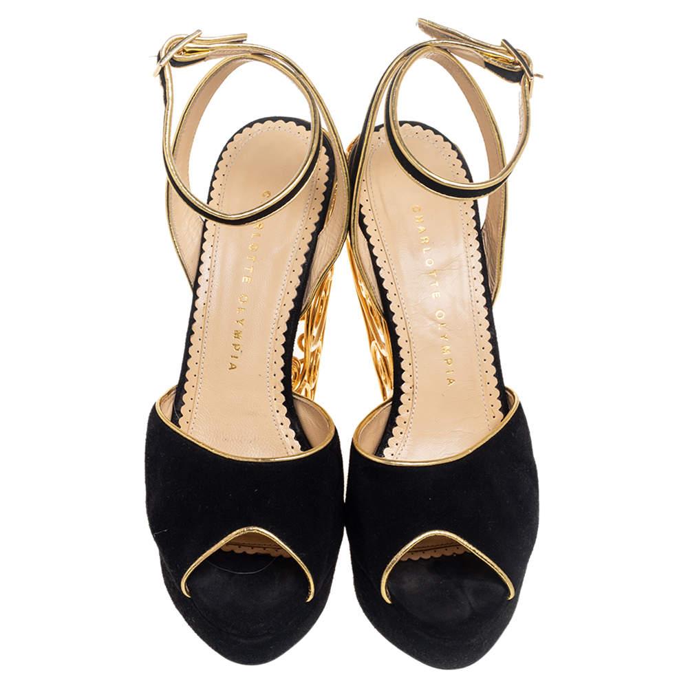 Beige Charlotte Olympia Black/Gold Avalon Peep Toe Wire Heel Sandals Size 39 For Sale