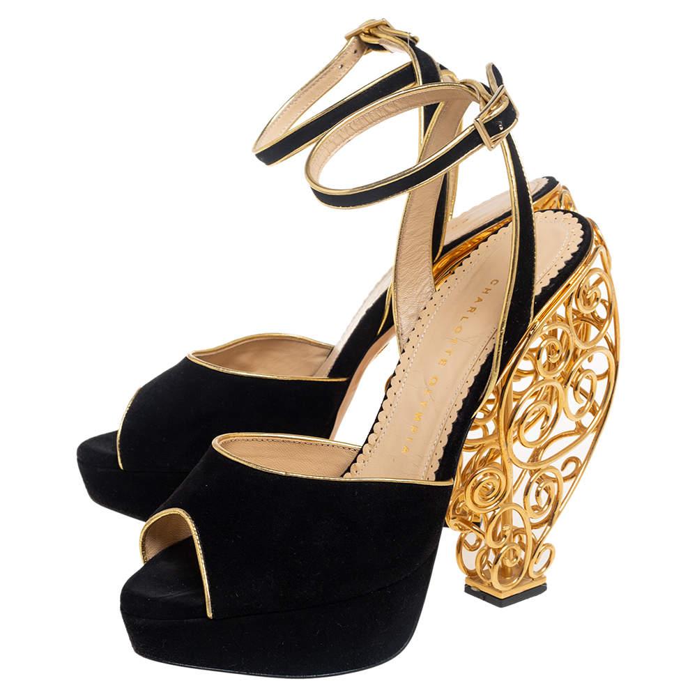 Women's Charlotte Olympia Black/Gold Avalon Peep Toe Wire Heel Sandals Size 39 For Sale