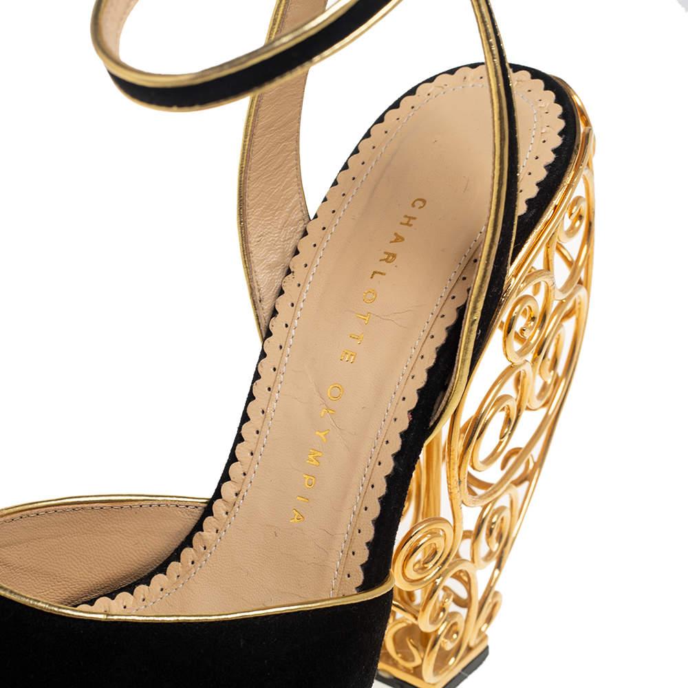 Charlotte Olympia Black/Gold Avalon Peep Toe Wire Heel Sandals Size 39 For Sale 1