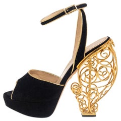 Used Charlotte Olympia Black/Gold Avalon Peep Toe Wire Heel Sandals Size 39