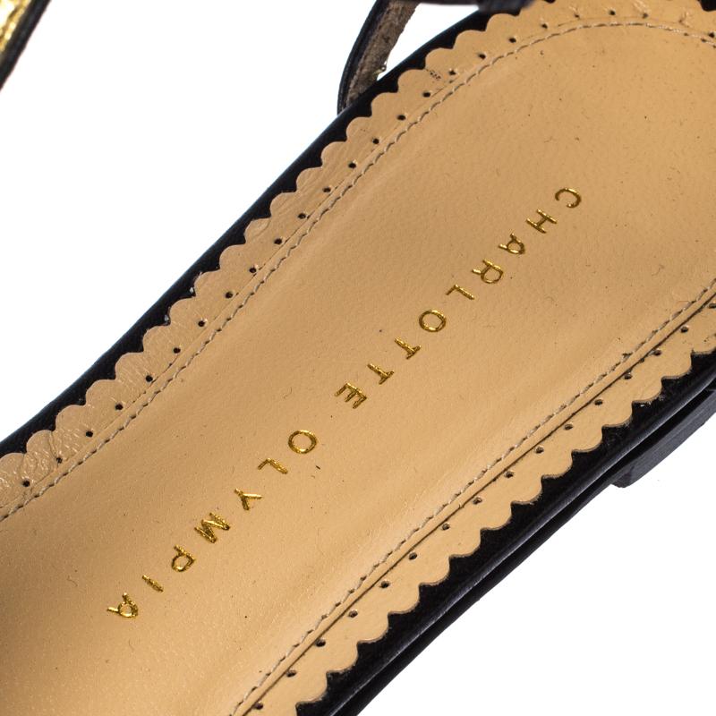 Women's Charlotte Olympia Black/Gold Leather Parisienne Eiffel Tower Sandals Size 41