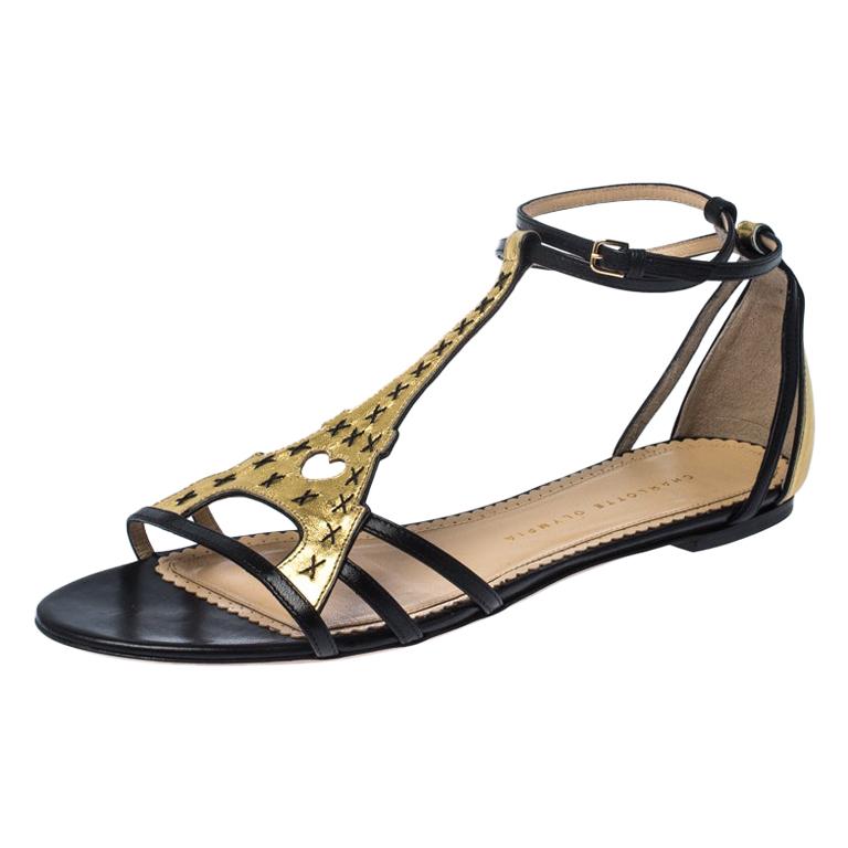 Charlotte Olympia Black/Gold Leather Parisienne Eiffel Tower Sandals ...