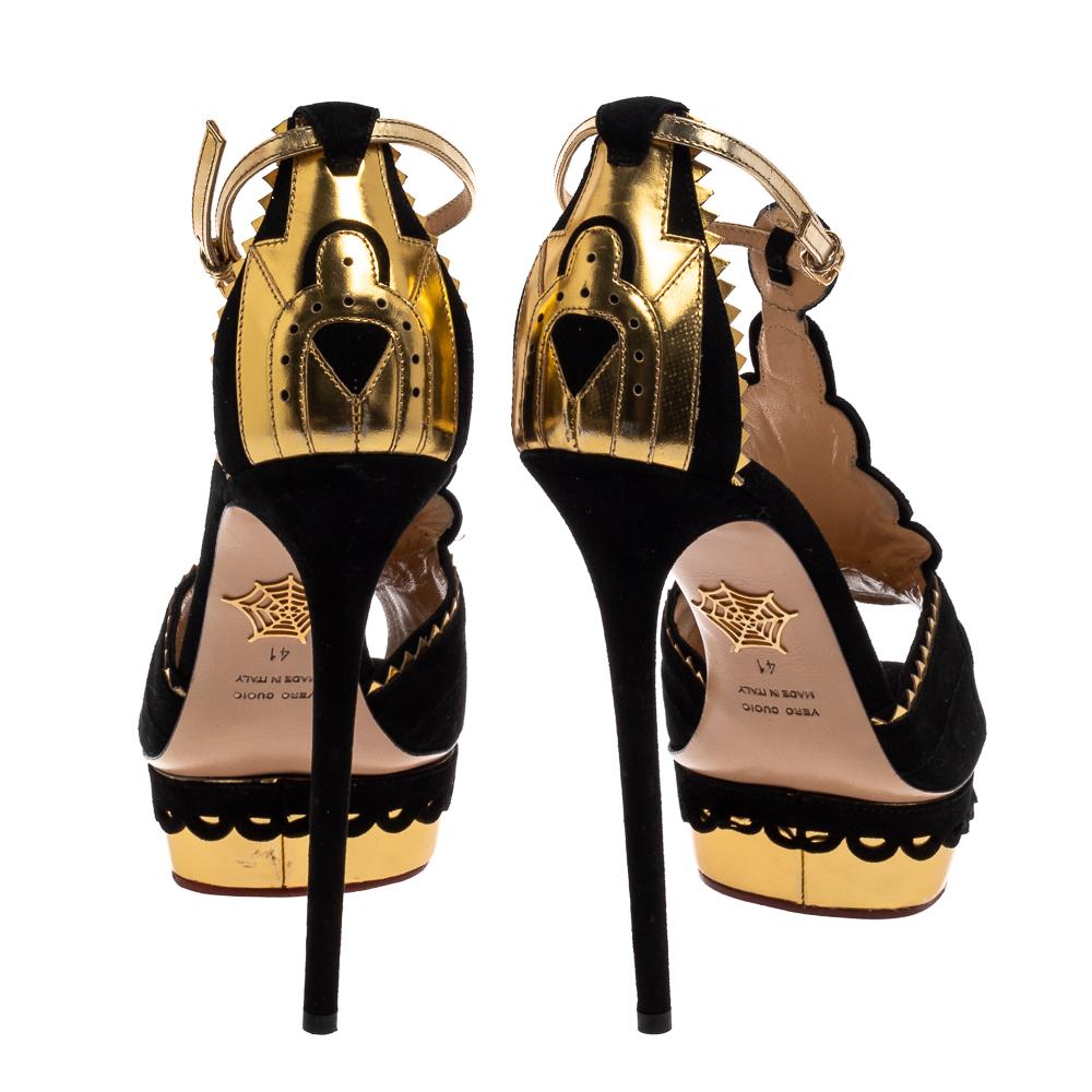 Charlotte Olympia Black/Gold Suede And Leather Strap Platform Sandals Size 41 In Good Condition In Dubai, Al Qouz 2