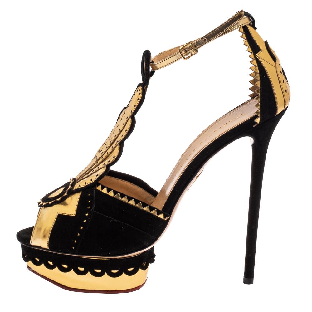 Charlotte Olympia Black/Gold Suede And Leather Strap Platform Sandals Size 41 1
