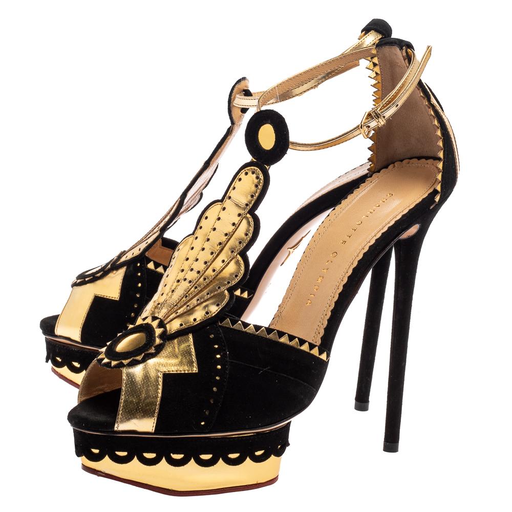 Charlotte Olympia Black/Gold Suede And Leather Strap Platform Sandals Size 41 2